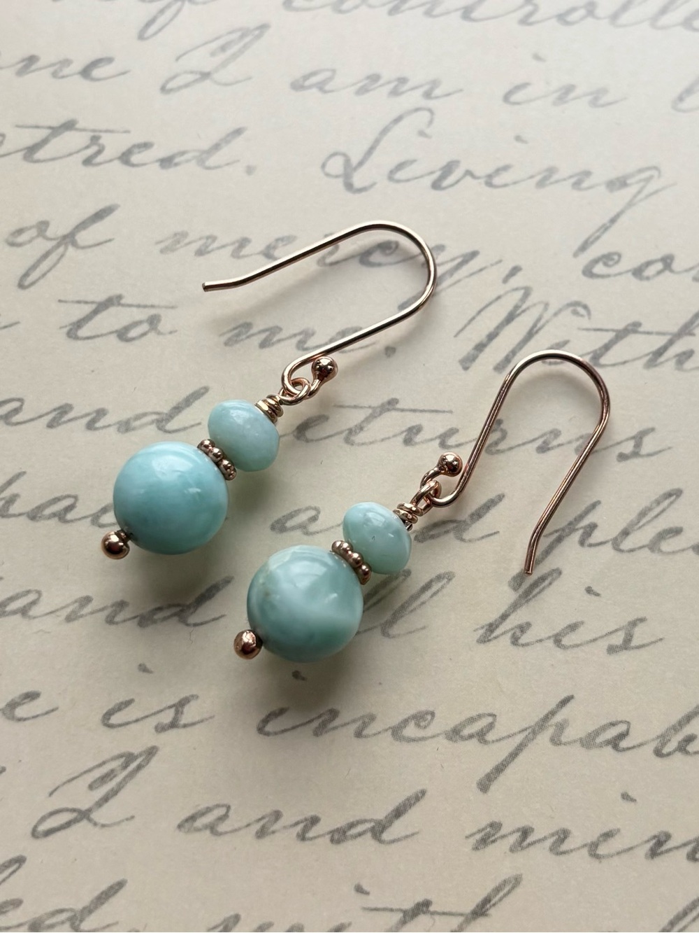 Handmade Rose Gold Plated Silver and Larimar Bead Drop Earrings